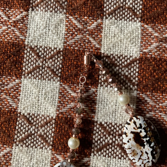 Jasper necklace. Handmade. Black, brown, white, gold. 25.5 inches long. - Picture 6 of 9